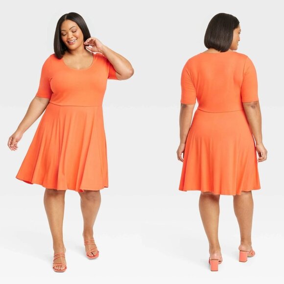 2X - Womens Elbow Sleeve Flared Empire Waist Dress - Ava Viv - Orange - Picture 1 of 6